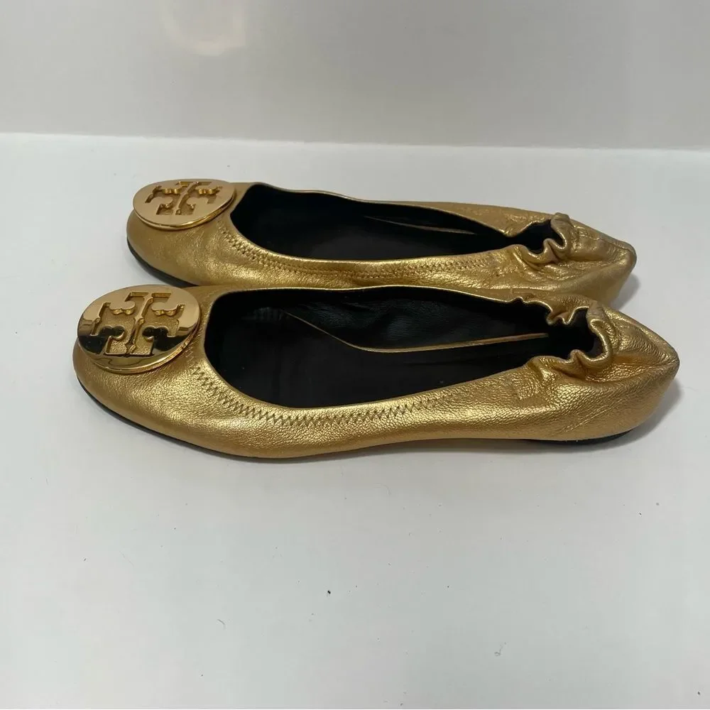 Tory Burch Metallic Gold Round Toe Ballet Flats
